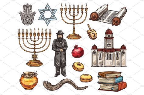 the jewish symbols are drawn in watercolor and ink, with an image of a ...