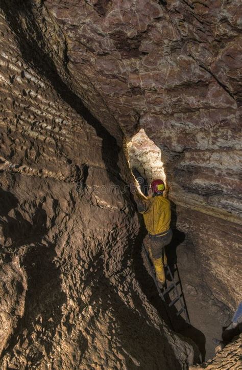 Speleologist in Front of Difficult Place in Cave Editorial Stock Image ...