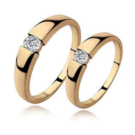 New 18k Yellow Gold Engagement Forever Love Couple Big Rings for Womens and Mens CZ Wedding ...