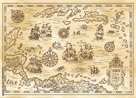 Ancient pirate map of the Caribbean Sea with ships, islands and fantasy ...