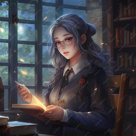 Premium AI Image | Anime girl reading a book in a library with a book ...