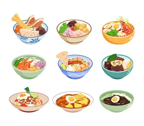 Premium Vector | Cuisine food in bowls illustrations set