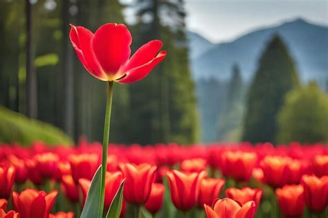 Premium Photo | A red tulip in a field of red flowers.