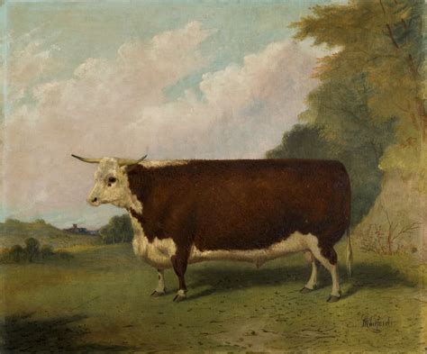 A prize Hereford bull folk art portrait painting in a landscape, by ...