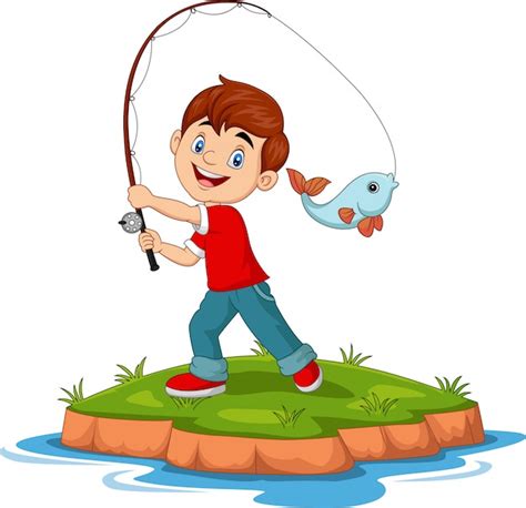 Illustration of cartoon happy boy fishing | Premium Vector