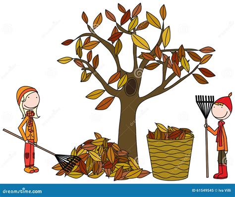 Happy Kids Raking Leaves Stock Vector - Image: 61549545