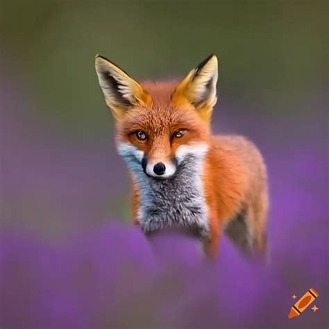 Field of purple flowers with a hopping fox on Craiyon