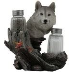 Decorative Gray Wolf Glass Salt and Pepper Shaker Set with Holder Figurine for Cabin and Rustic ...