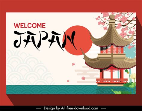 Welcome japan poster template castle sun cherry blossom decor elegant design Vectors images ...