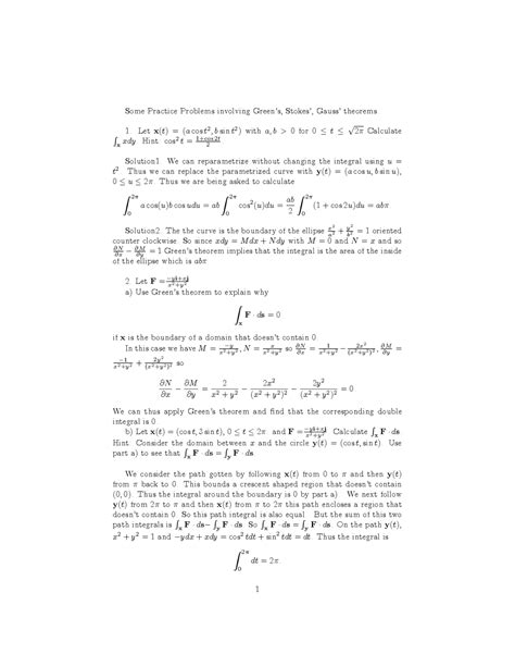 Green's, Stokes' and Gauss' Theorems - Practice Problems Solved | SOCL 20 - Docsity