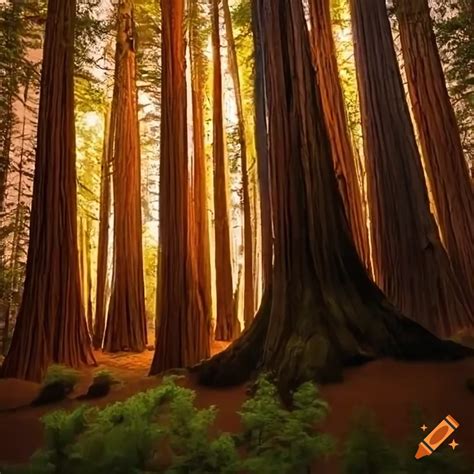 Majestic sunrise in a giant redwood forest with sunlight streaming ...