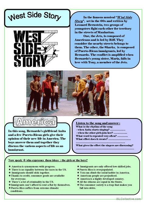 West Side Story 'America' song and n…: English ESL worksheets pdf & doc