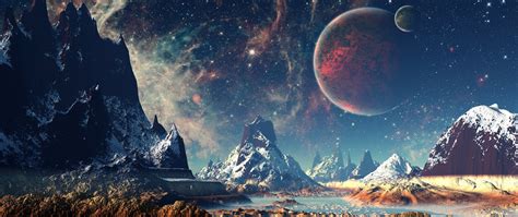 2560x1080 Mountains Stars Space Planets Digital Art Artwork 4k Wallpaper,2560x1080 Resolution HD ...