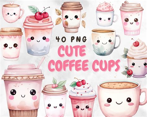 Watercolor Cute Coffee Cup Clipart, Coffee Love, Kawaii Coffee Cups, Kawaii Illustration ...