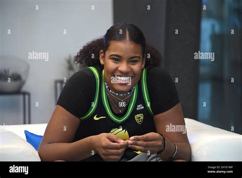 Oregon Ducks Nyara Sabally smile during Pac-12 women's basketball media ...