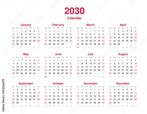 Calendar 2030 - 12 months yearly vector calendar in year 2030 ...