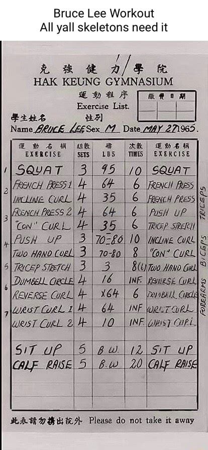 Bruce Lee Workout All yall skeletons need it HAK KEUNG GYMNASIUM Exercise List. Name LEESex Date ...