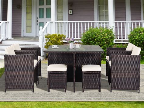 9 Pieces Patio Dining Sets, Outdoor Space Saving Rattan Chairs with Glass Table, PE Wicker ...