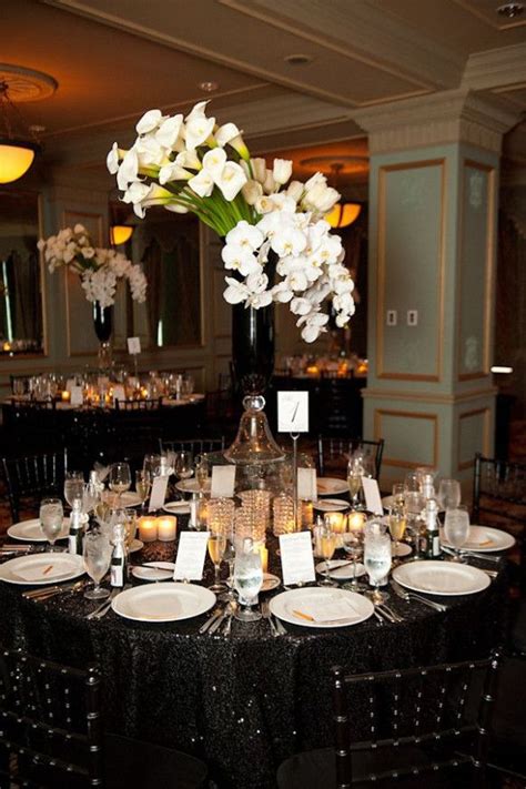 Wedding Table Setup White Linens | Black tablecloth, Reception table settings, Black wedding ...