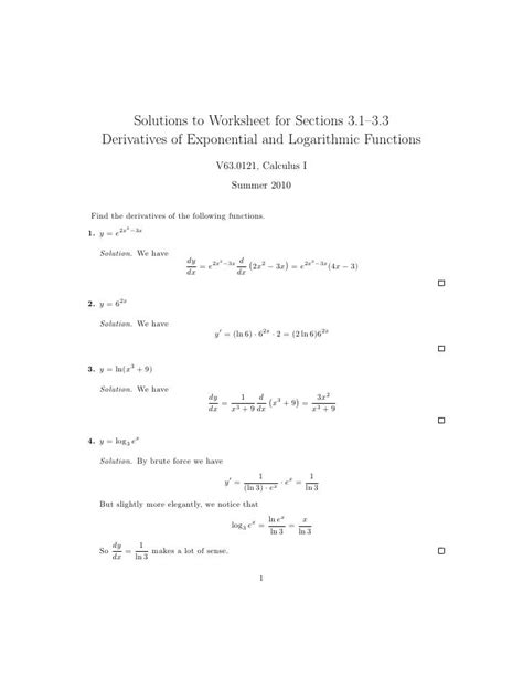 Derivative Of Logarithmic Functions Worksheet