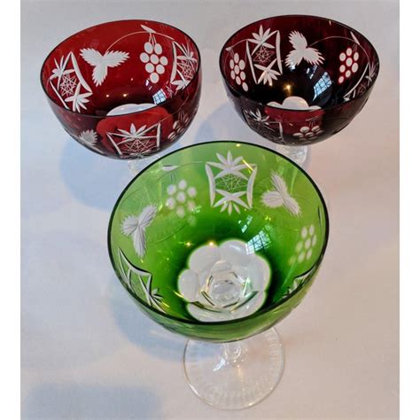 Vintage 1980s Ajka Ruby Red and Emerald Green Hand Cut Lead Crystal Goblets or Champagne Coupes ...