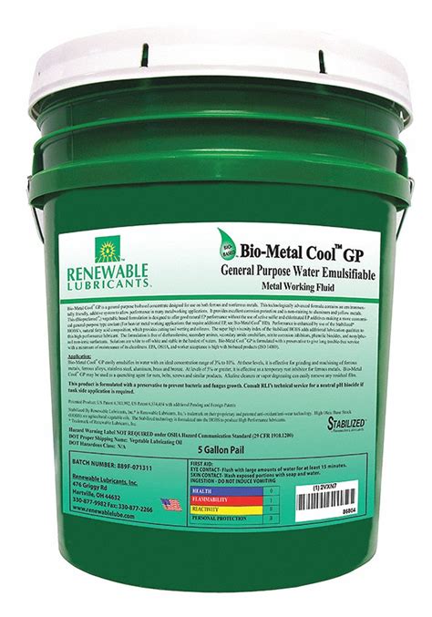 RENEWABLE LUBRICANTS, Bio-Metal Cool GP, 5 gal, Water Soluble Cutting Oil - 2VXN7|86804 - Grainger