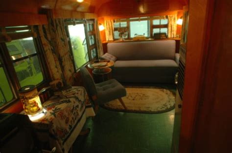 The inside of a 1953 Vagabond trailer, which has been left mostly ...