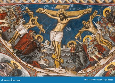 Crucifixion of Jesus. Icon from Modovita Monastery Stock Image - Image ...