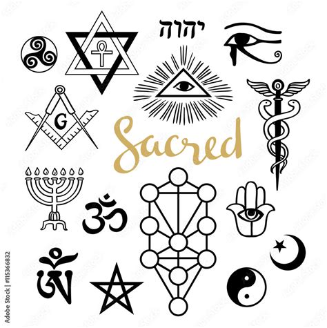 Set of ancient sacral symbols. Egyptian, hermetic, religious and magic symbols. Vector ...