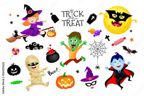 Halloween cartoon set with cute kids in holiday costumes: witch, count dracula, zombie and mummy ...