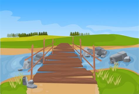 Wooden bridge across river mountain landscape | Premium Vector