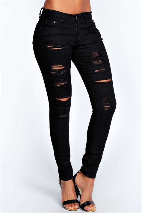 Boohoo Abby High Rise Heavy Ripped Skinny Jeans in Black | Lyst