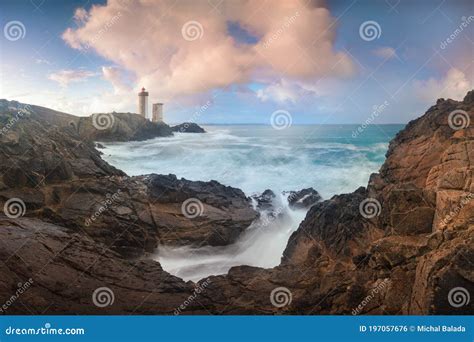 Petit Minou Lighthouse at Sunset with Red Light , Brest , France View of Lighthouse of Petit ...