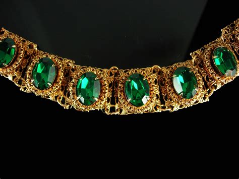 Vintage Czech bracelet Green bracelet gold filigree Rhinestone Bracelet costume - Bracelets