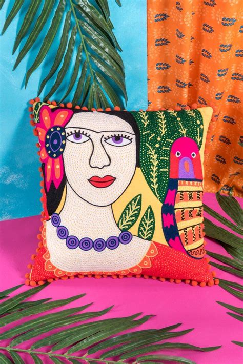 Colorful Embroidered Pillow with Frida Kahlo Parrot Design