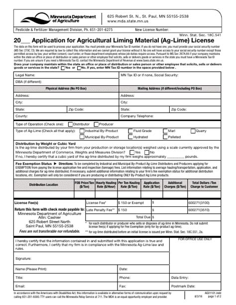 Minnesota Application for Agricultural Liming Material (Ag-Lime) License - Fill Out, Sign Online ...