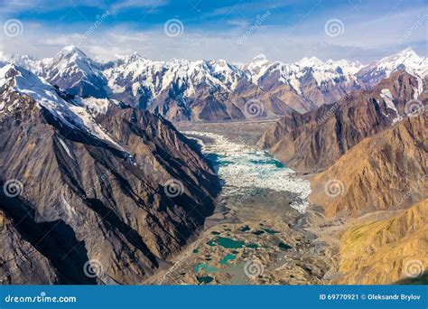 Moraine Glacier Lake Aerial View Mountain Canyon And Summits Stock ...