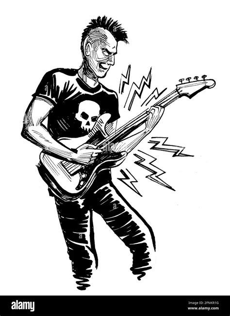 Punk rocker playing electric guitar. Ink black and white drawing Stock Photo - Alamy