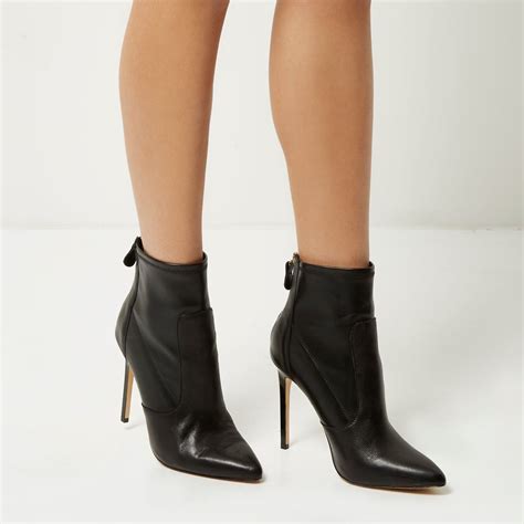 River Island Black Leather Stretch Heeled Ankle Boots - Lyst