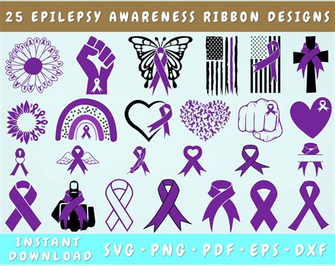 Epilepsy Awareness Ribbon SVG Bundle, 25 Designs, Epilepsy Ribbon Clipart, Purple Ribbon SVG ...