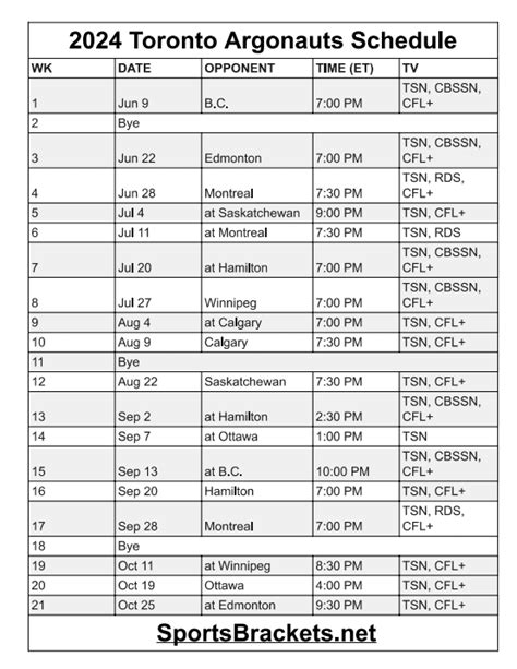 2024 Toronto Argonauts Schedule; Printable, TV Broadcasts - Sports Brackets