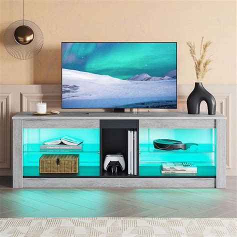 Bestier 55 in. Light Grey TV Stand with LED Lights Entertainment Center with Glass Shelves T274Y ...