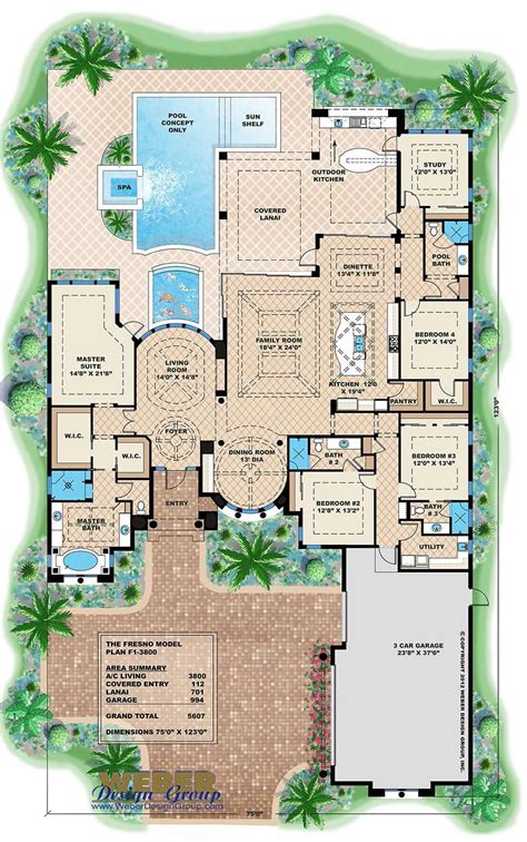 Mediterranean House Plan: Luxury 1 Story Home Floor Plan with Pool ...