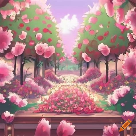 Anime style drawing of a garden full of pink flowers on Craiyon