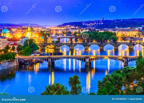 Prague, Czech Republic: Vltava River and Its Bridges at Sunset Stock Image - Image of czech ...