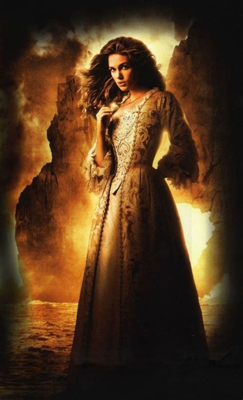 Keira Knightley, in a gown of pale gold brocade and lace, as Elizabeth Swann in Pirates of the ...