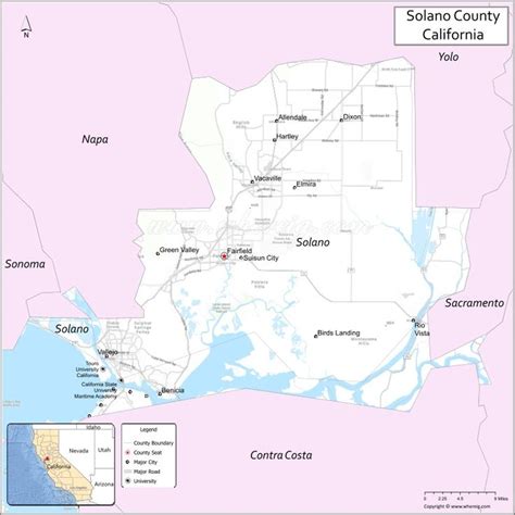 Map of Solano County, California showing cities, highways & important ...