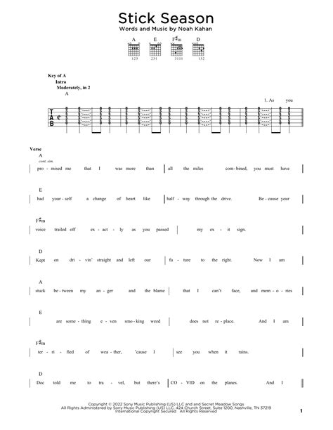 Stick Season by Noah Kahan Sheet Music for Guitar Cheat Sheet at Sheet Music Direct