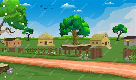 Premium Vector | Village cartoon background illustration background with sun, houses trees, and ...