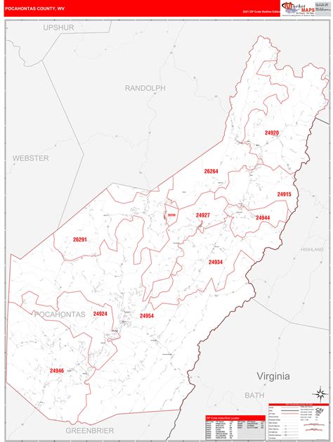 Pocahontas County, WV Zip Code Wall Map Red Line Style by MarketMAPS ...